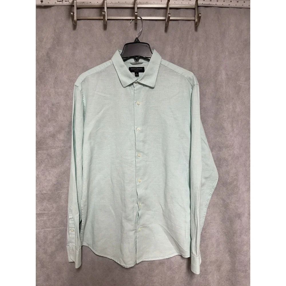 Banana Republic Shirt‎ Men L Green Linen Cotton Button Up Slim Casual Academia
